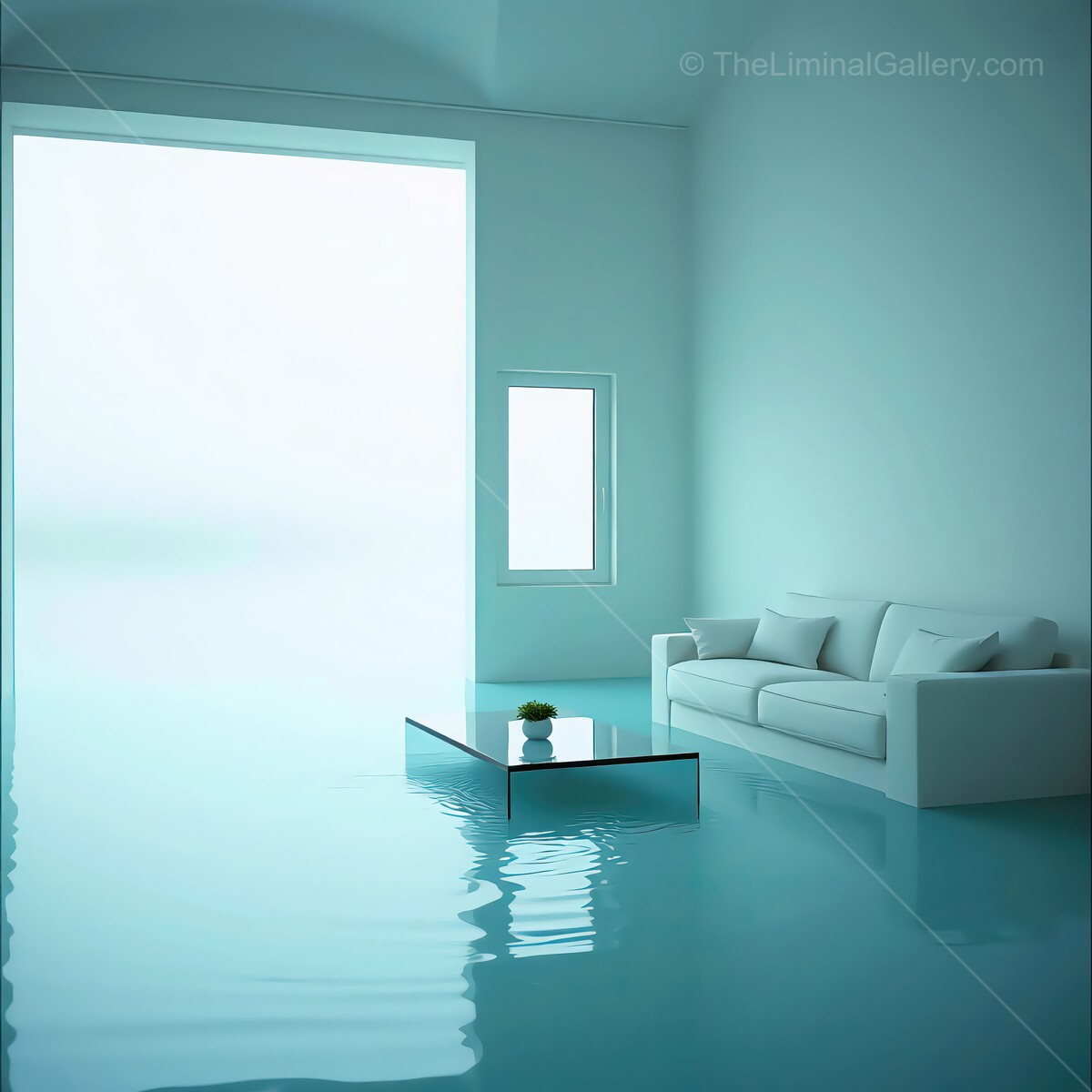 Serenity and stillness in a submerged modern liminal living room filled with tranquil blue hues