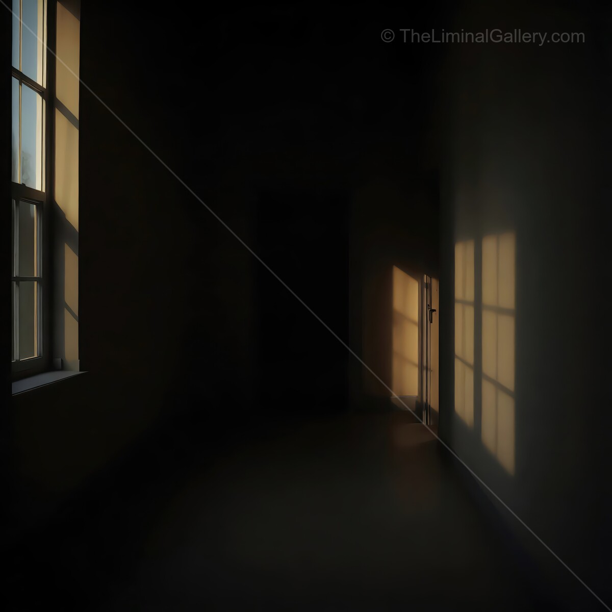 Shadows and light play across a liminal abandoned room at dusk in a forgotten building