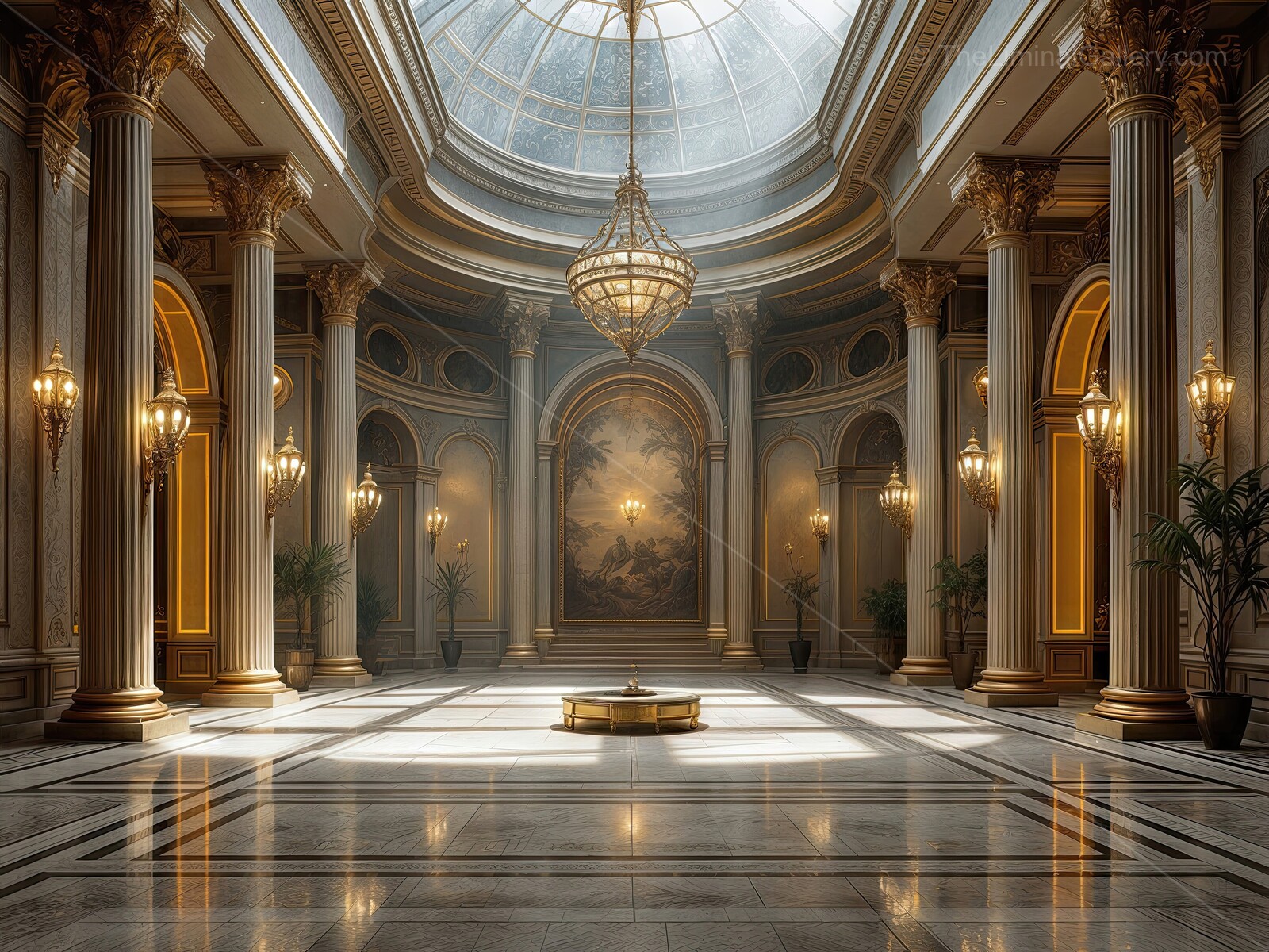 Elegance in architecture basking under a magnificent skylight in a grand hall filled with intricate details, warm lighting, and a sense of timeless beauty