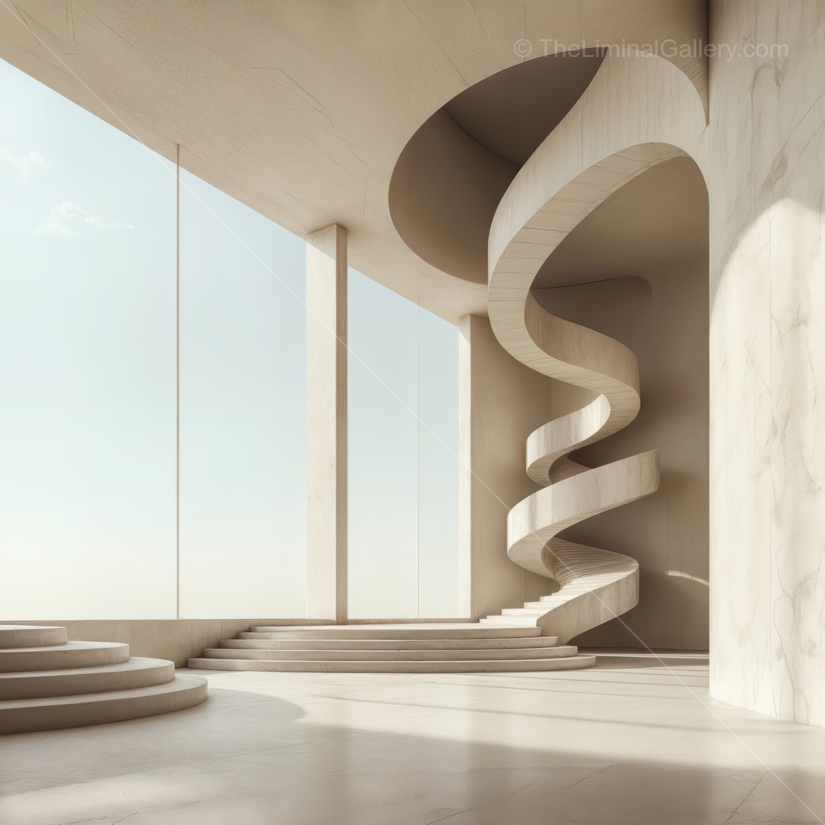 Liminal spiral staircase unfurls upward in a sleek interior, tranquil lighting and refined minimalism merging to craft sophisticated serenity and visual poetry