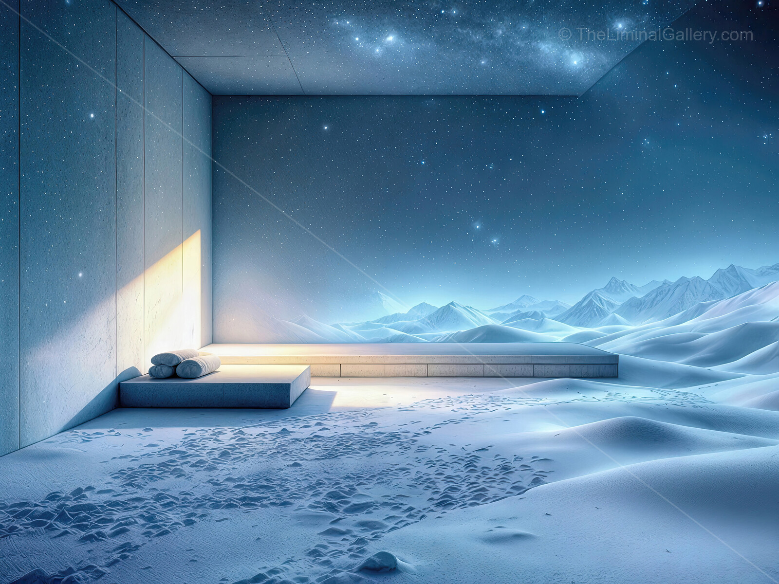 A snowy retreat pairs sleek modern walls with starry skies, offering quiet refuge for reflection as architecture and wilderness merge in contemplative silence
