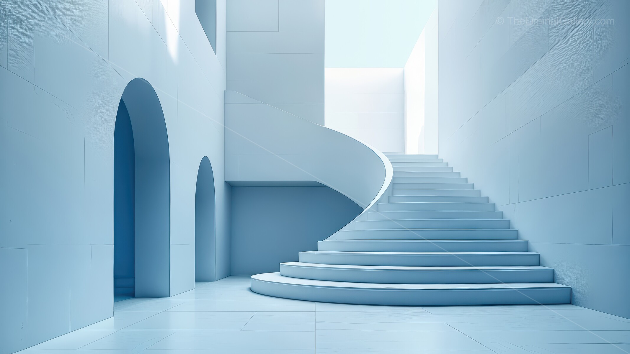 Soft blue tones and flowing lines shape a quiet architectural haven, where open space and diffused light invite introspection and a calm, elevated mood