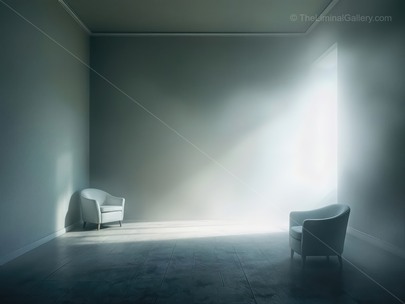 Two soft chairs rest in a minimalistic room bathed in soft light, evoking a tranquil atmosphere and inviting reflection on the nature of solitude and comfort