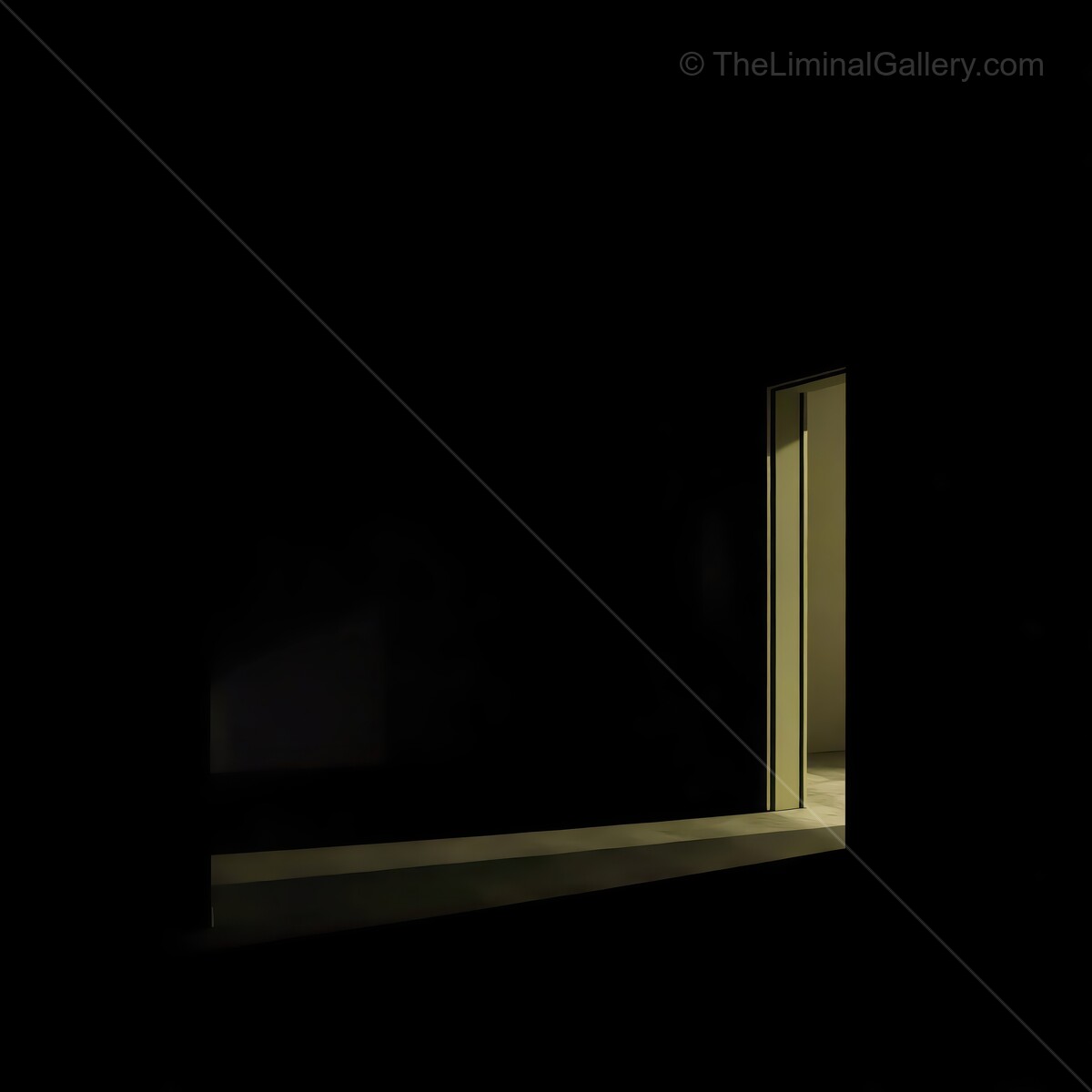 Soft liminal light illuminates an open doorway, creating a mysterious contrast in darkness