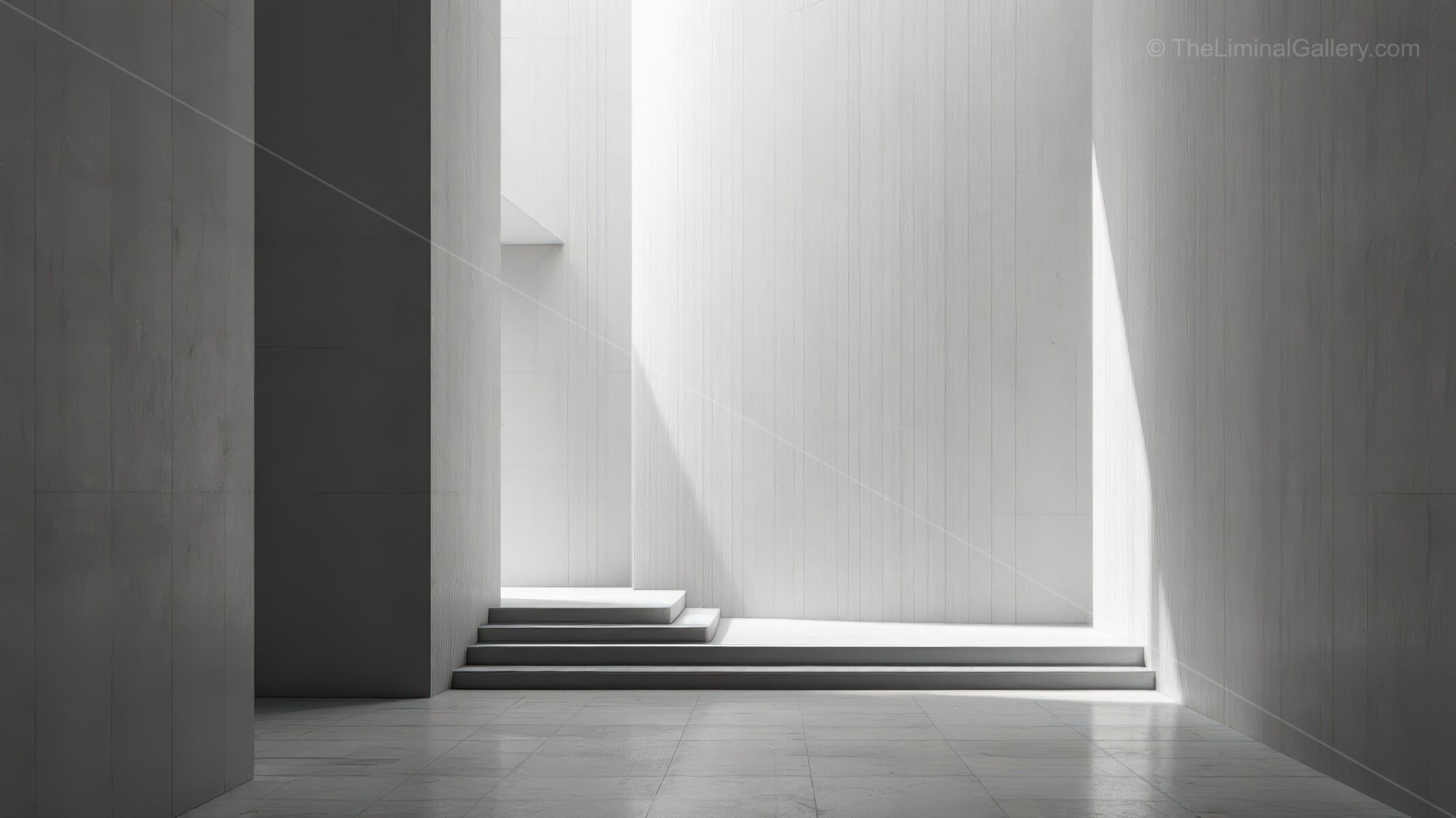 Liminal minimalist hall bathed in soft light emphasizes crisp lines and open volume, cultivating a serene ambience that welcomes mindful presence and ease