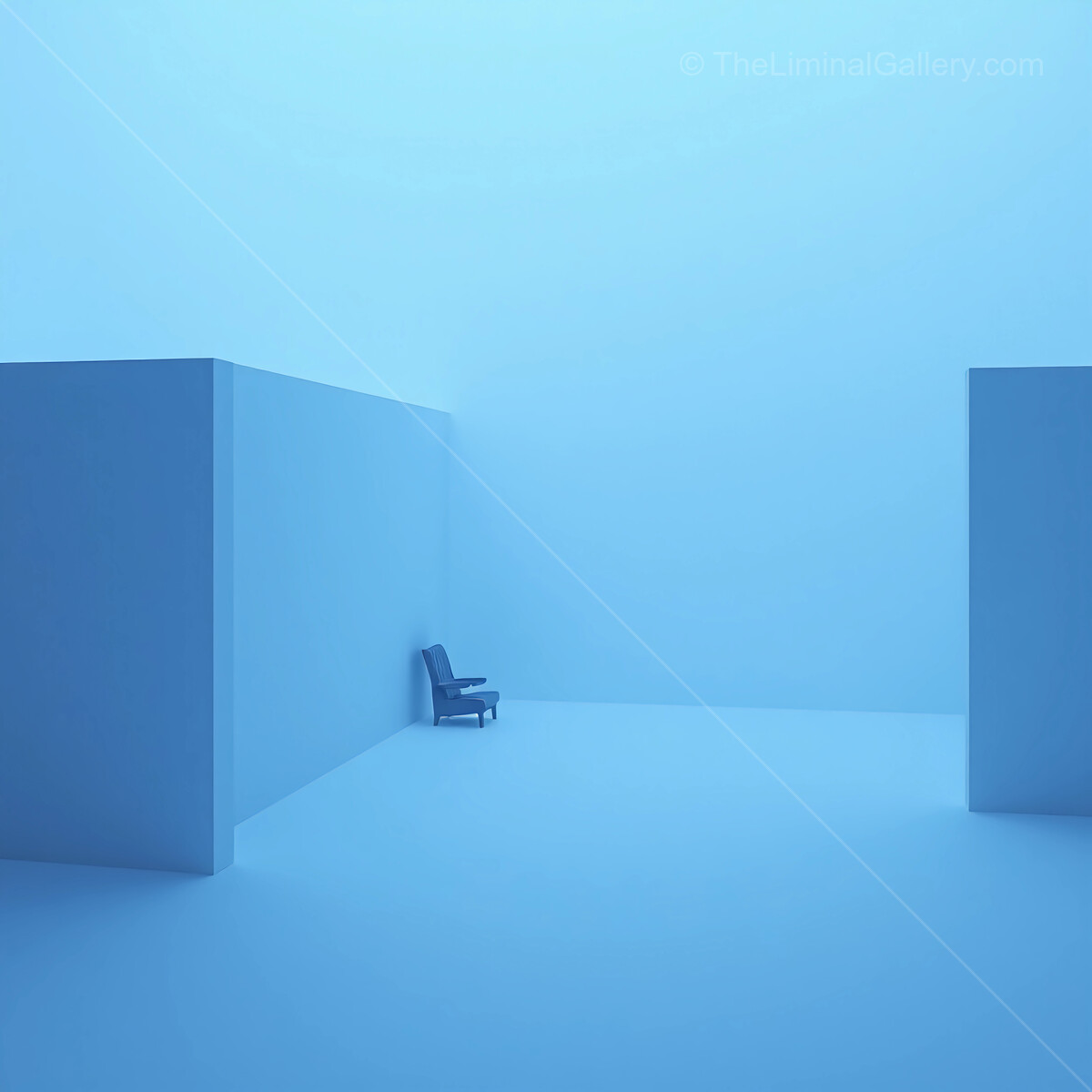 Exploring liminal solitude in a minimalist space with soft blue tones at dusk