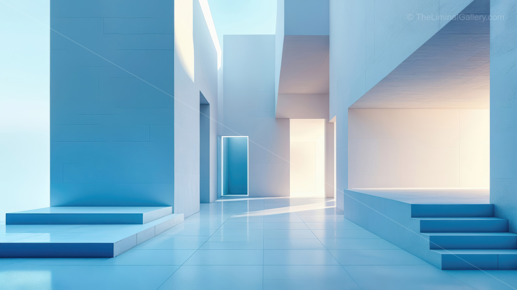 Spacious midday interior washed in soothing blue tones and soft light exudes airy modernity, creating an inviting environment that fosters calm and clarity