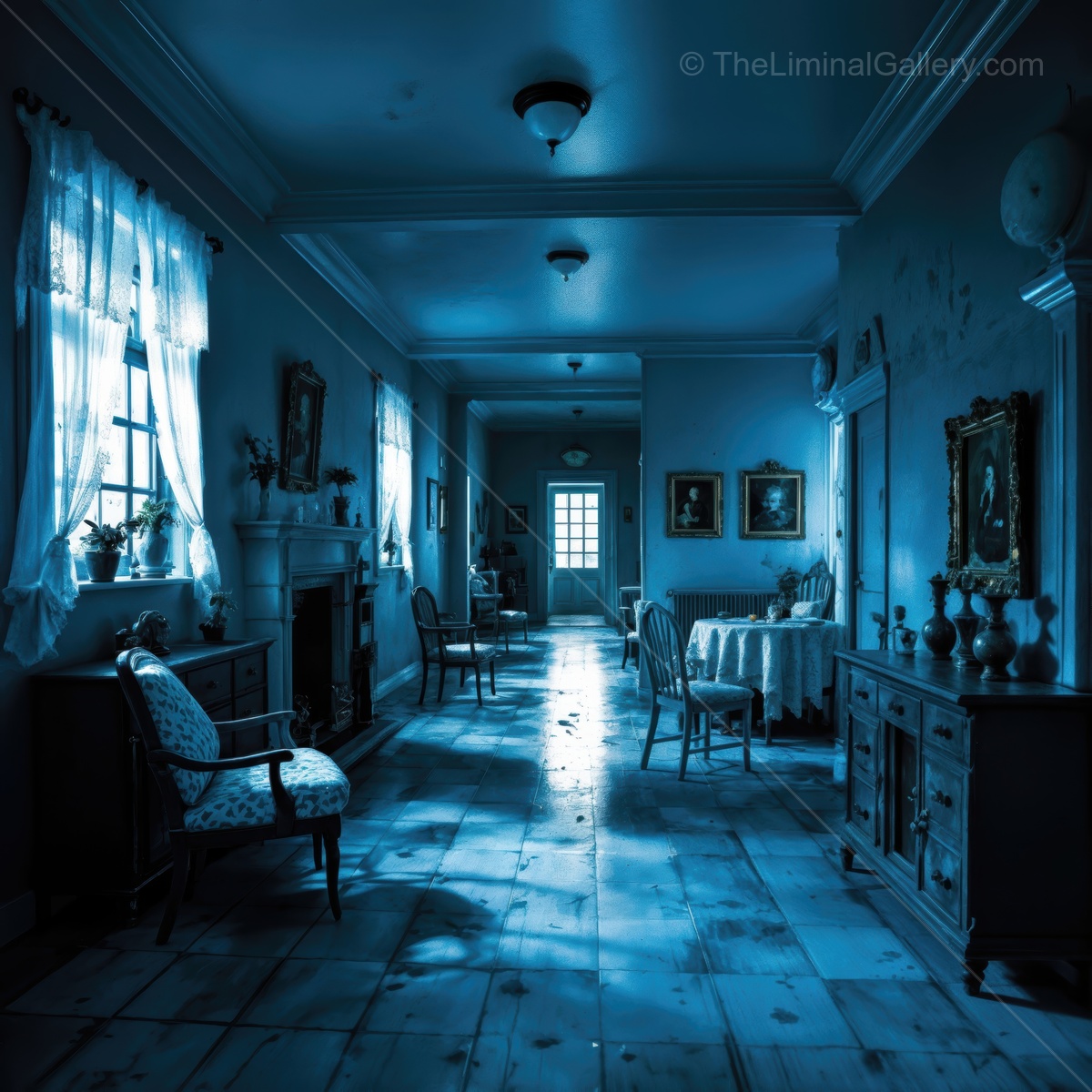 Liminal vintage chamber awash in soothing blue hues evokes nostalgic charm and restful solitude, providing peaceful hideaway for quiet thought and memory