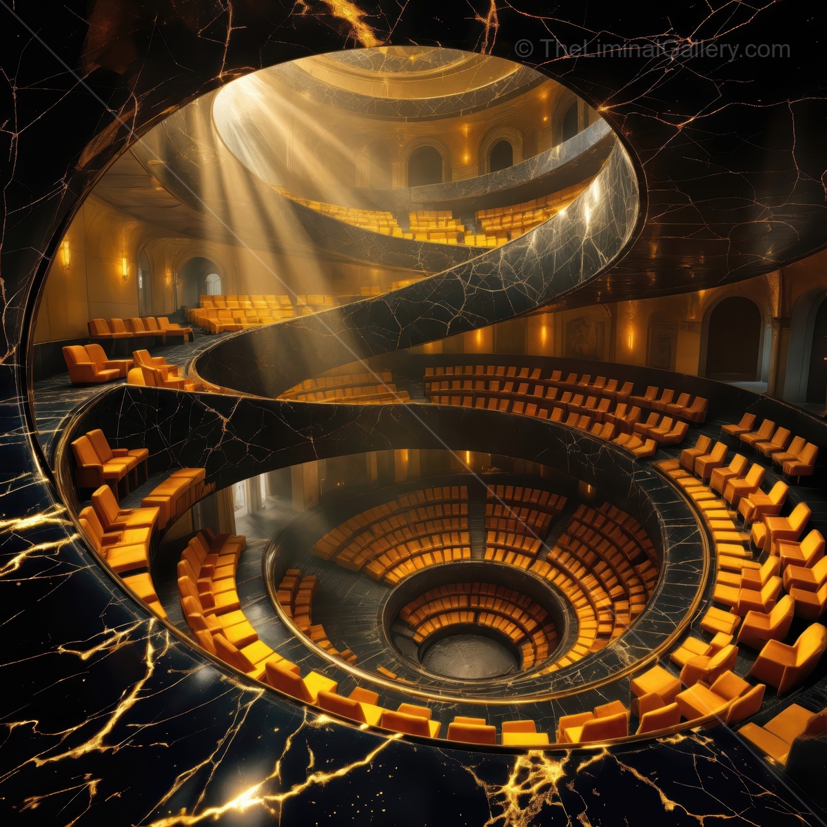Whispers of light in a spiraling luminous auditorium