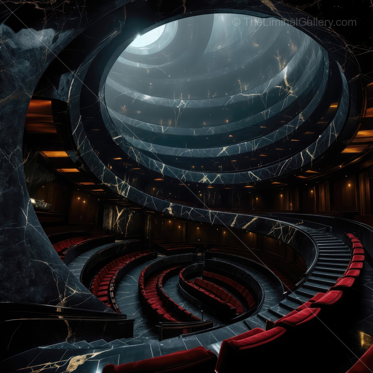 Stunning spiral architecture of a modern auditorium bathed in ethereal light