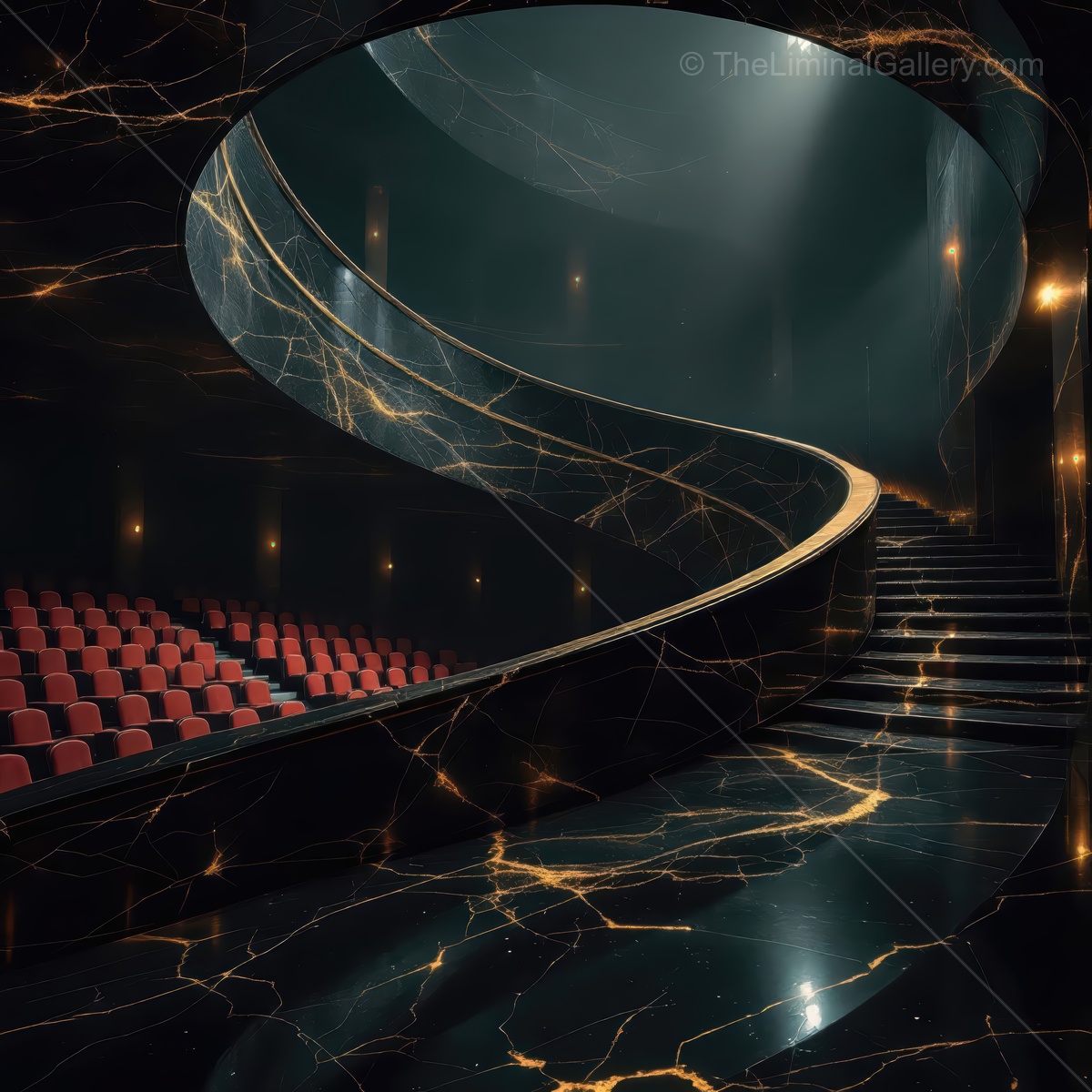Stunning spiral staircase in a dimly lit theater showcasing liminal space with elegant marble details and rich textures