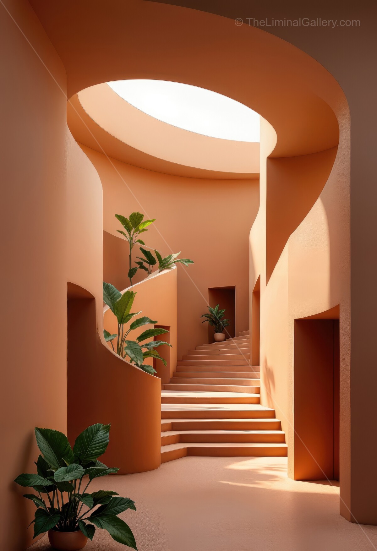 Captivating interplay of light and shadows in a warm-colored spiral staircase surrounded by lush greenery invites exploration and tranquility during a serene morning