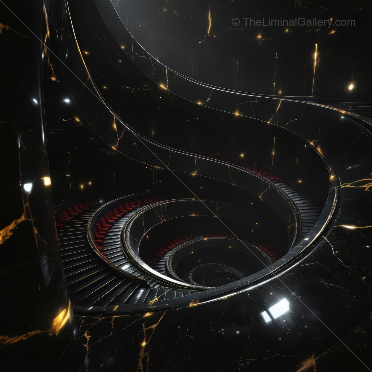 Spiral staircase leading into a mysterious liminal space filled with shimmering reflections and dark elegance