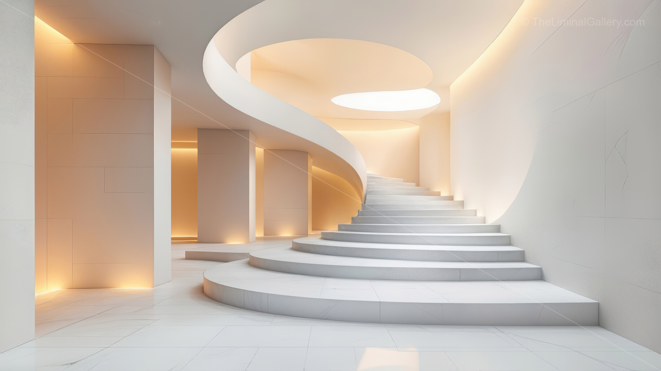 Graceful spiral staircase ascends toward a bright open loft, minimalist detailing and airy volume fostering tranquility, visual harmony and inspiring architectural elegance
