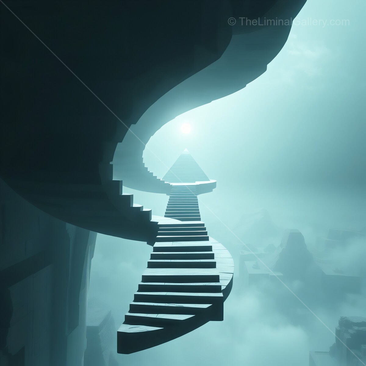Mystical liminal spiral staircase leading to a glowing light in an ethereal landscape above the clouds