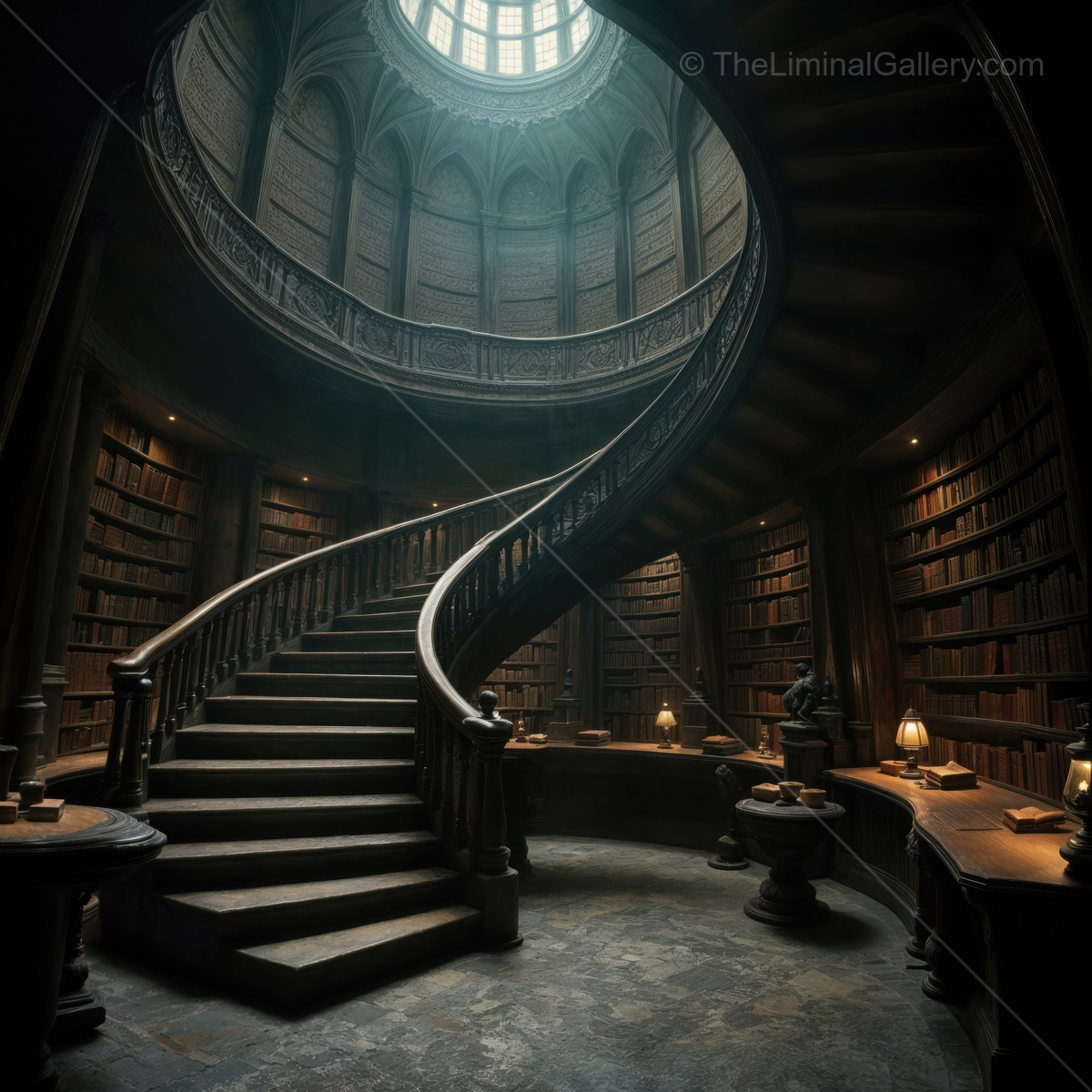 Liminal spiral staircase climbs into grand library lined with ancient tomes; candlelight casts warm radiance, blending scholarly wonder with timeless enchantment