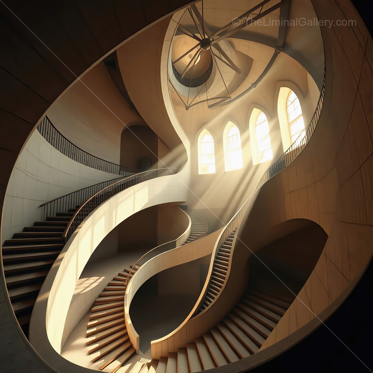 Intricate liminal spiral staircase illuminated by sunlight in a modern architectural marvel