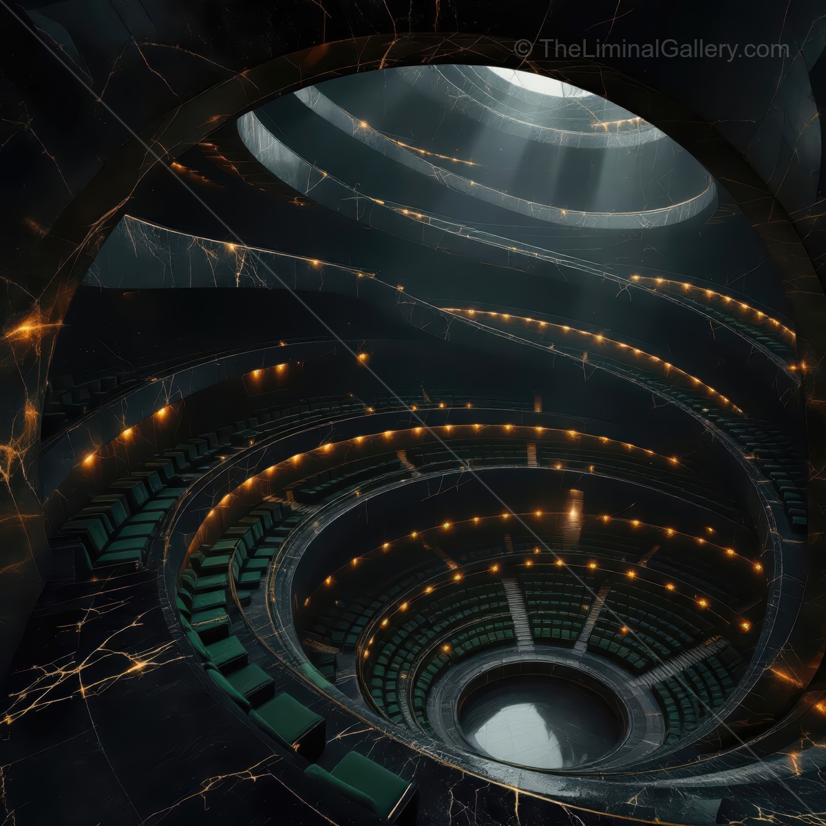 Mysterious spiral theater beckons a journey into the unknown with its dim lights and intricate design