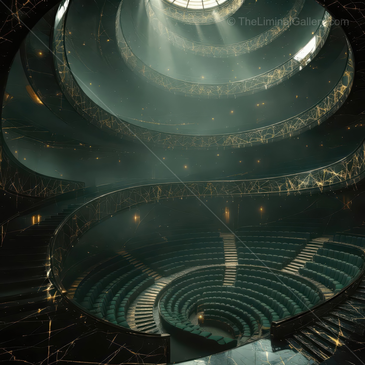 Exploring a mysterious liminal space with spiraling stairs and soft light during twilight hours