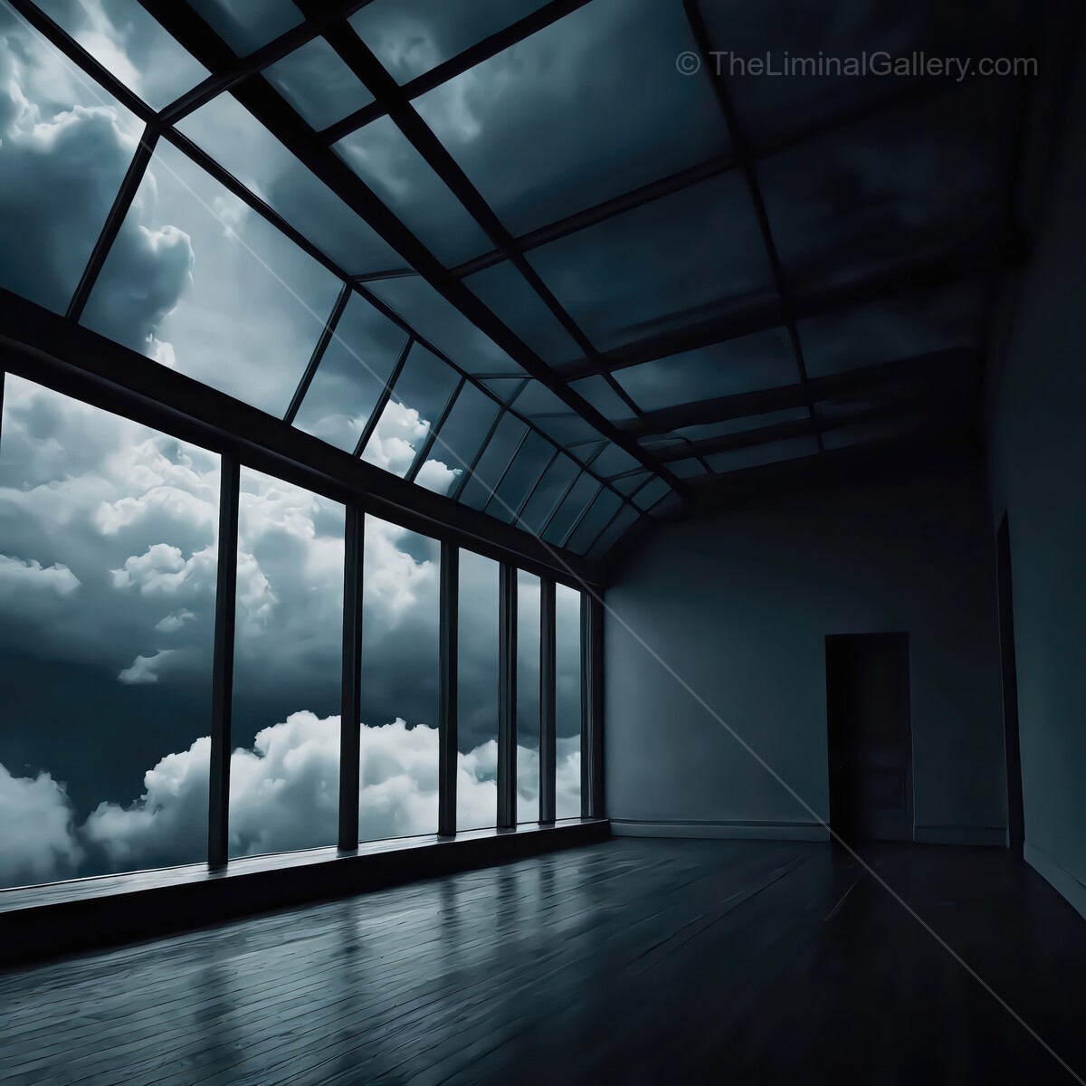 Dark stormy clouds loom outside a spacious and minimalist room with oversized windows