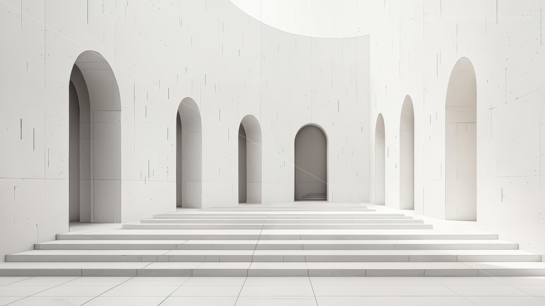Liminal midday atrium flooded with sunlight highlights serene arches and sweeping steps, inviting mindful wandering within spacious, soothing minimalist environment