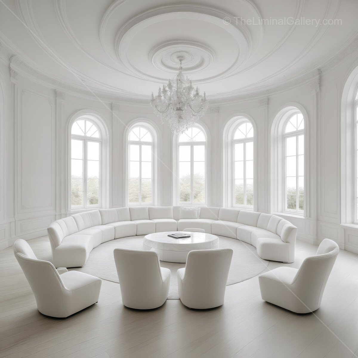 Liminal sunlit lounge featuring circular seating and pristine minimalist decor bathes in abundant daylight, its airy design fostering relaxed social connection