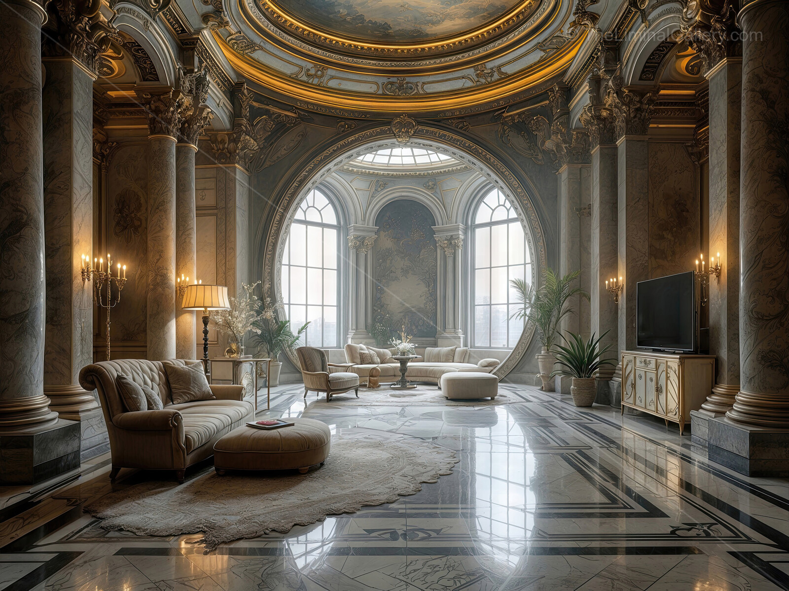 Morning sunlight spills across marble floors and ornate mouldings, revealing rich interior details that marry grandeur with a serene atmosphere of refined comfort