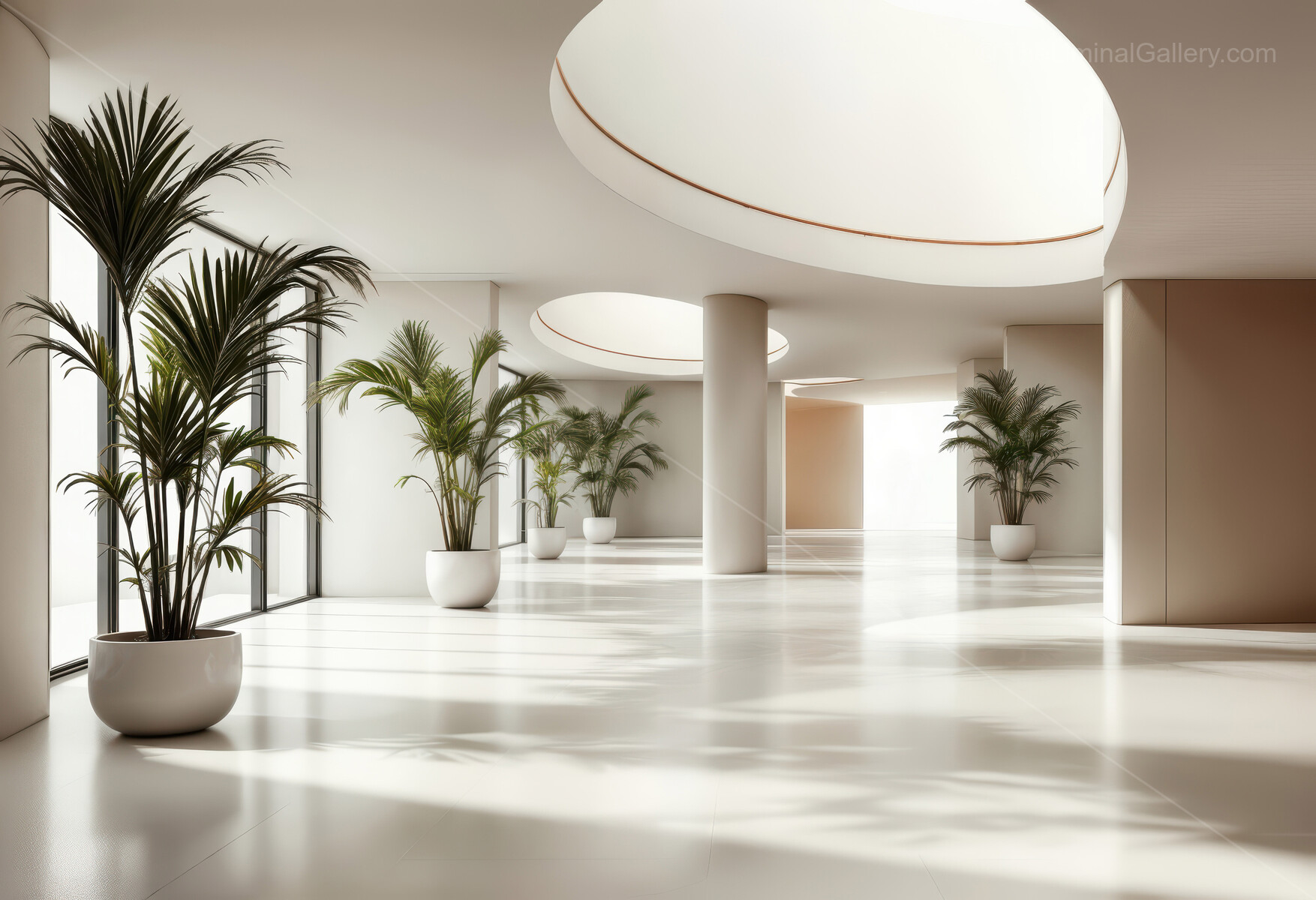 Bright, spacious interior blends minimalist design with abundant greenery, open layout and fresh light promoting tranquility, wellness and visual refreshment