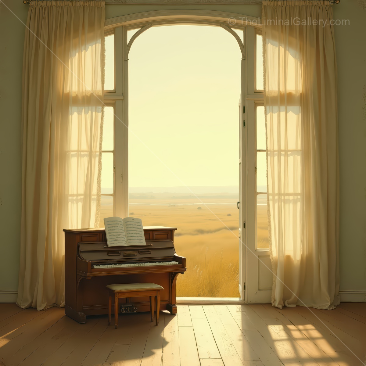 Sunlit tranquility fills a room with an inviting piano, creating a serene atmosphere that blends music and nature's beauty near a vast golden landscape