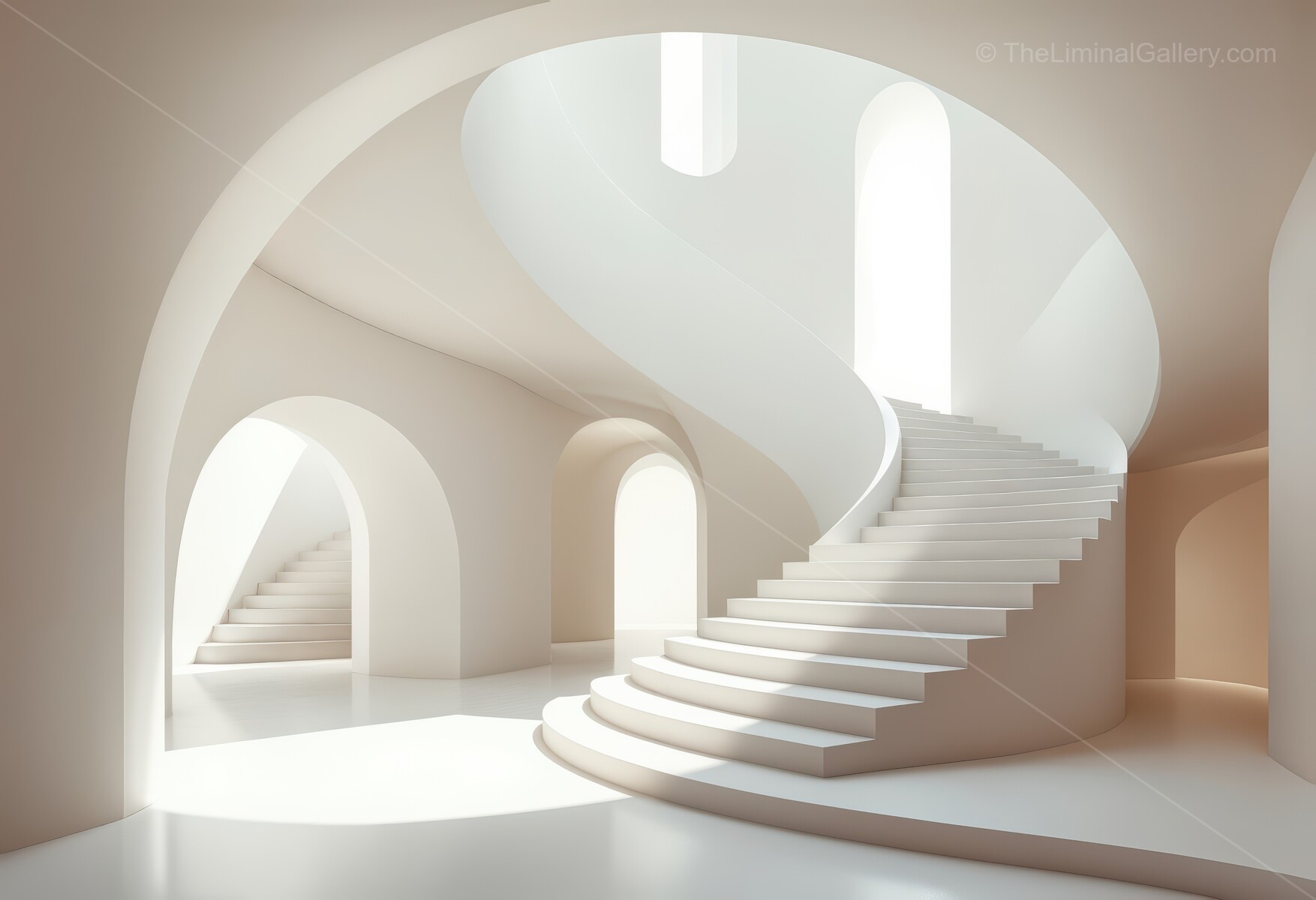 Sun-filled minimalist atrium showcases a graceful spiral staircase, marrying architectural elegance with tranquil openness to offer a soothing environment for everyday serenity