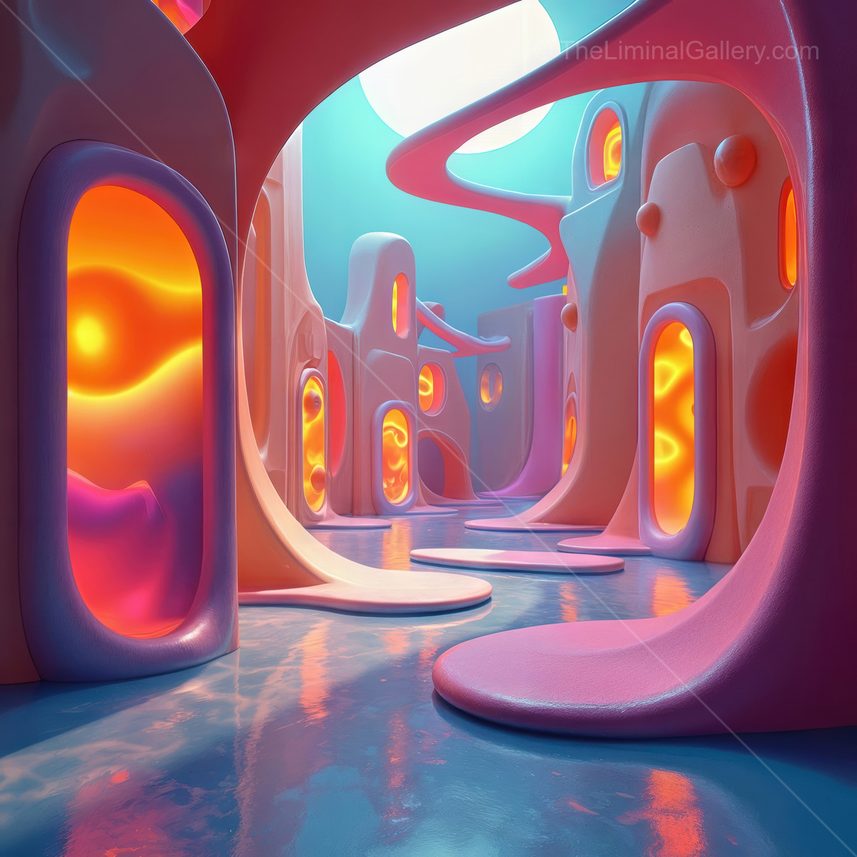 Vibrant surreal landscape with flowing shapes and glowing windows invites exploration under a whimsical sky, capturing a dreamlike ambiance and colorful reflections