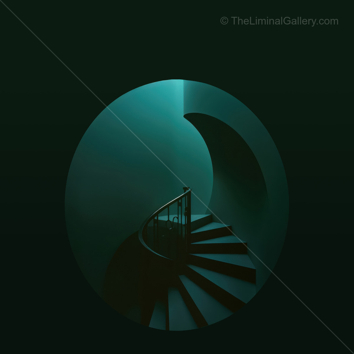 Venturing into a mesmerizing spiral staircase bathed in enchanting teal light, nestled within a stunning piece of modern architecture that captivates all who enter
