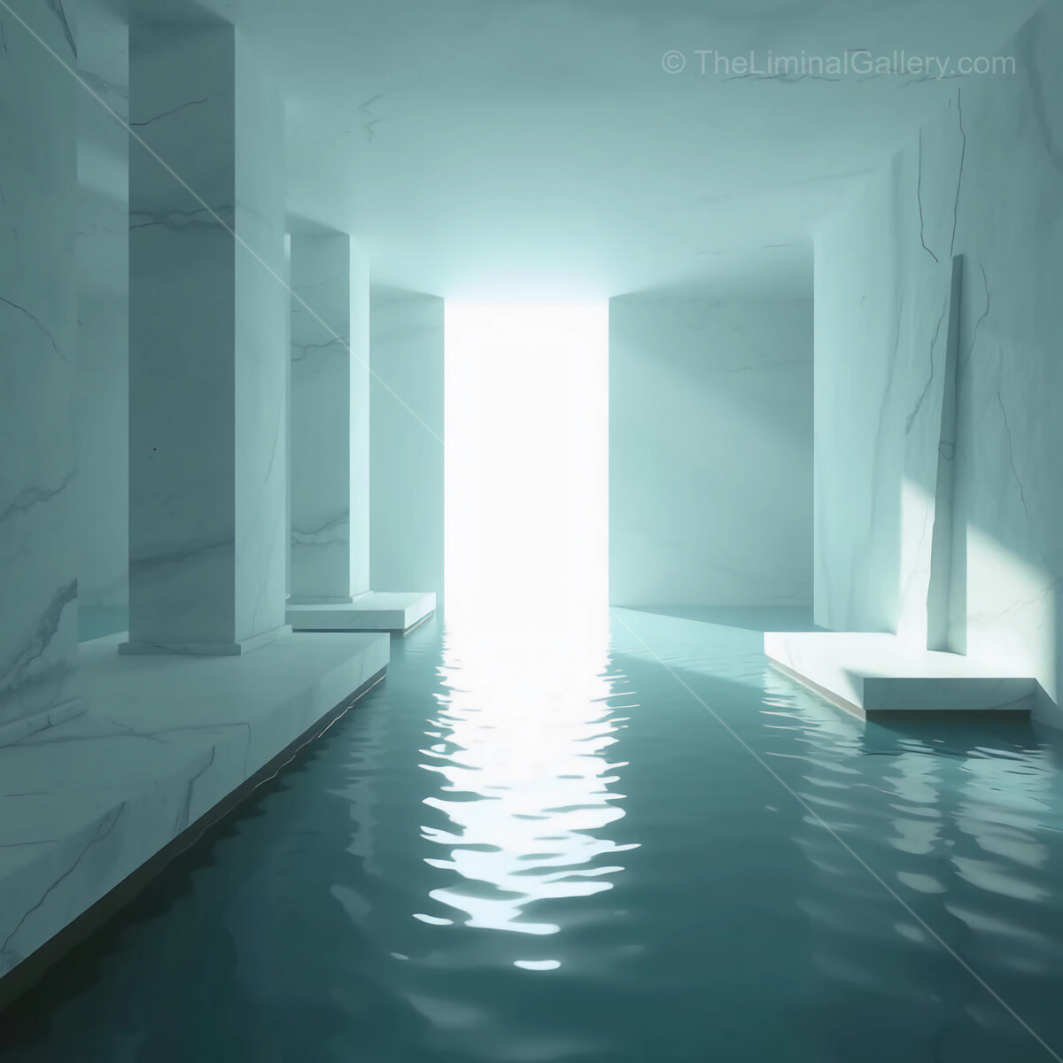 Echoes of serenity in a tranquil liminal marble sanctuary reflecting light and calm waters