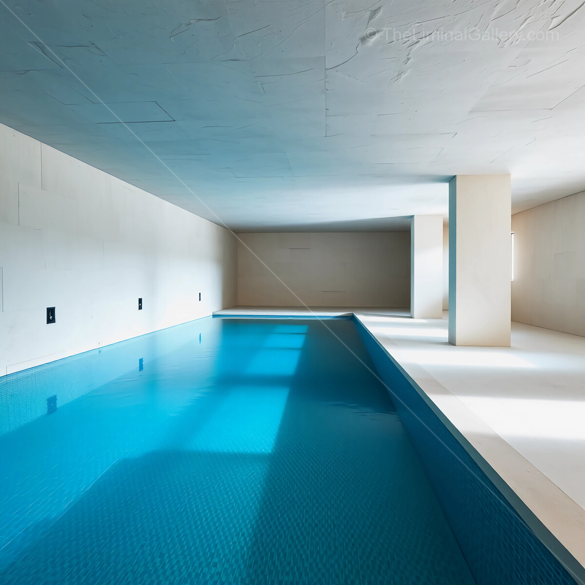 Tranquil liminal indoor swimming pool reflecting soft light and minimalist architecture in a serene environment