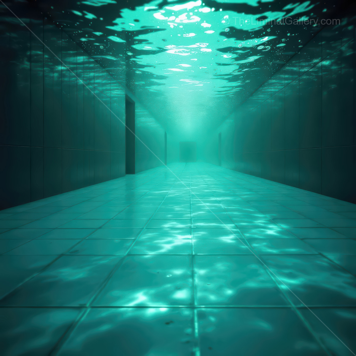 Mysterious underwater corridor bathed in turquoise light invites exploration beneath the surface, revealing endless pathways to unknown adventures