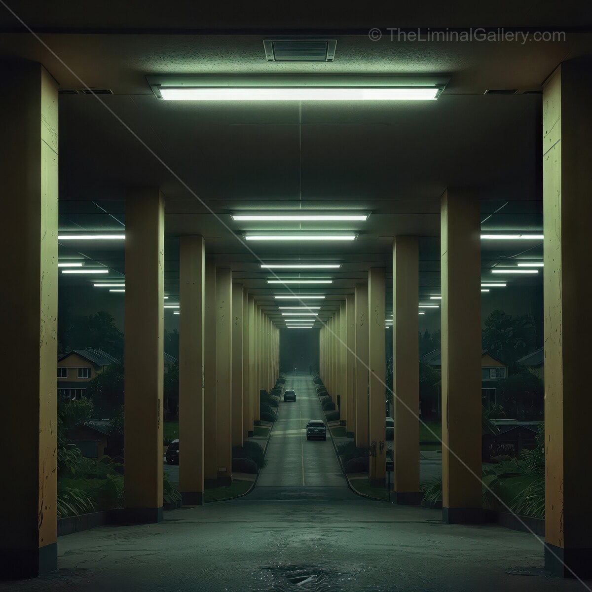 Mysterious liminal urban corridor illuminated by fluorescent lights at dusk