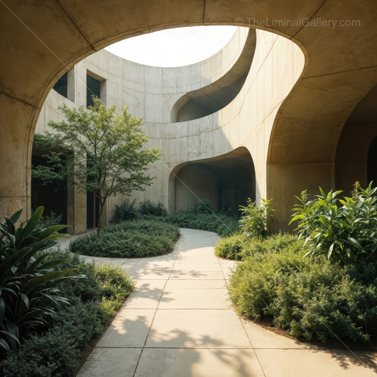 Liminal urban pathway winds through tranquil greenery, blending innovative architecture with nature to provide city dwellers a refreshing retreat of calm