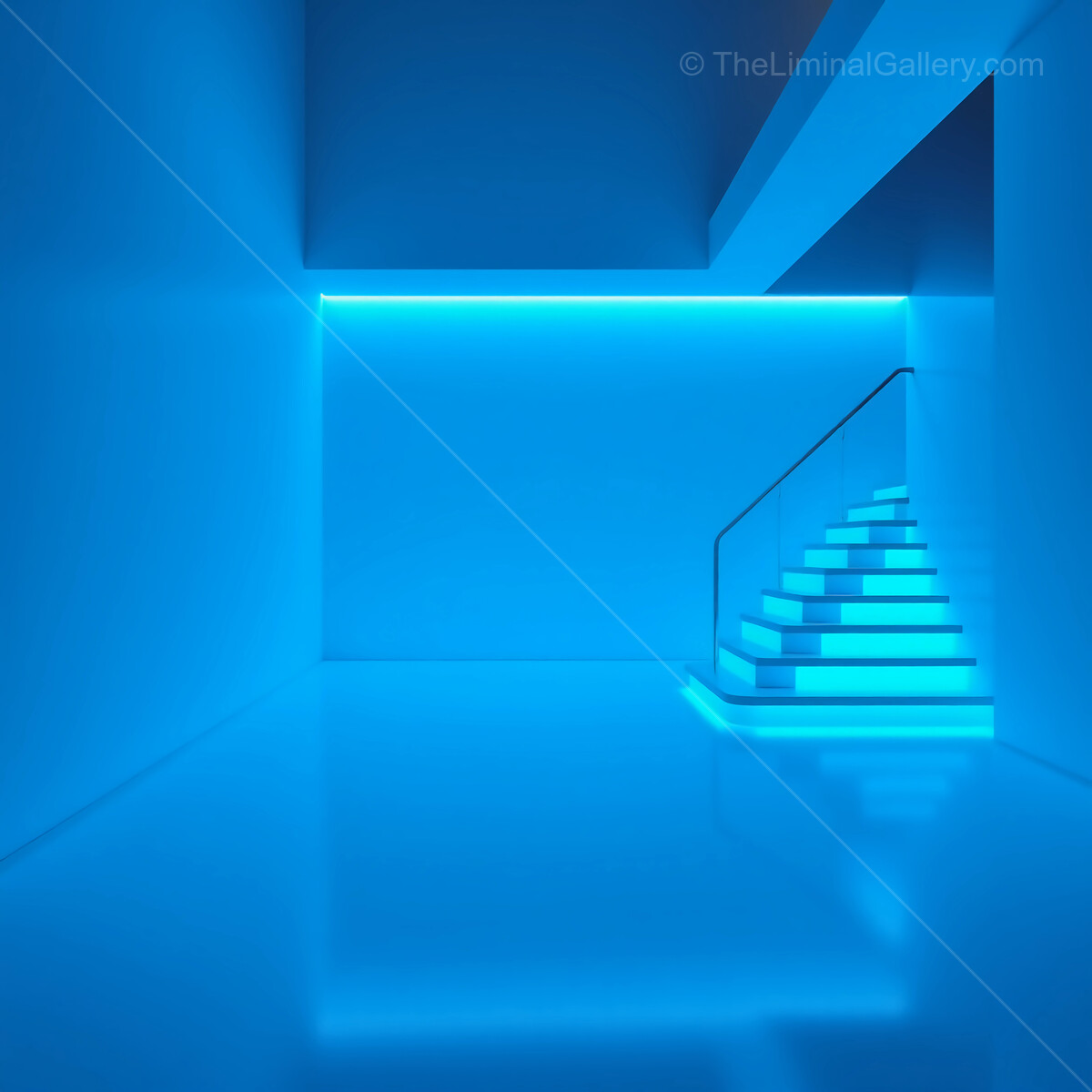 Vibrant liminal blue staircase illuminates modern interior in a minimalist architectural space