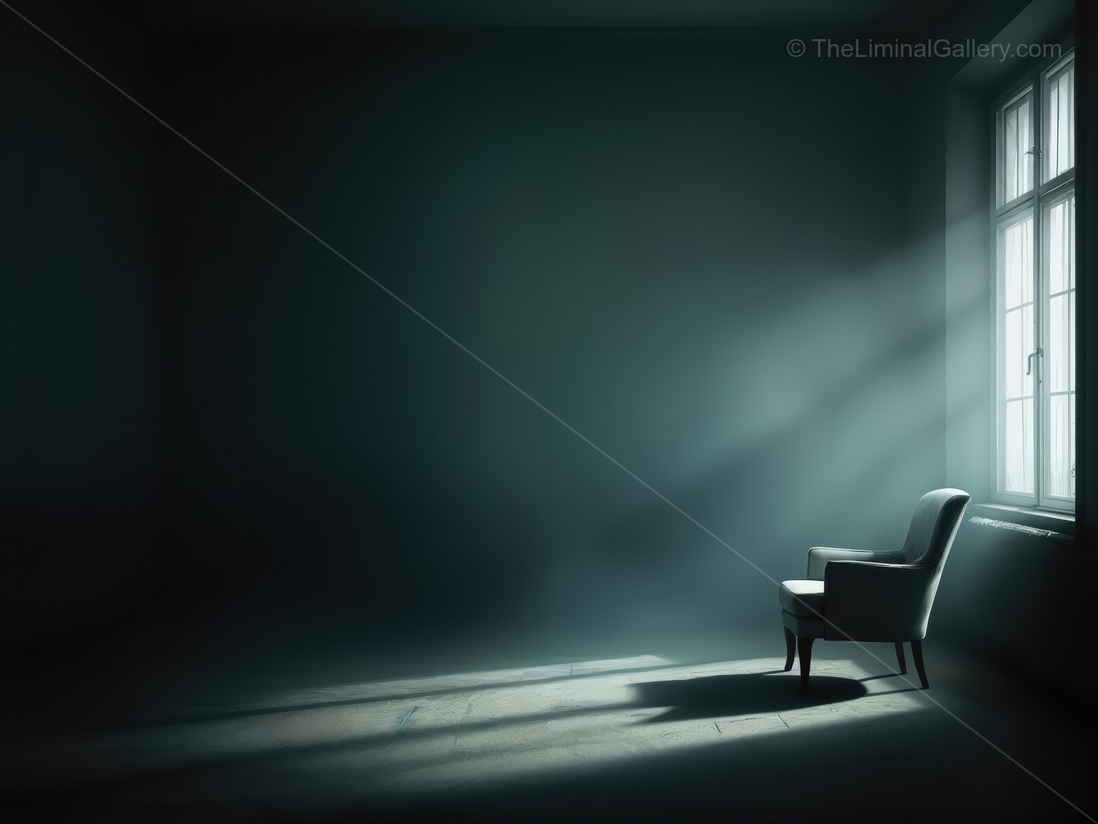 Vintage chair occupies softly lit dawn room; intricate shadows dance along walls, adding delicate beauty and poetic quiet to the still morning interior