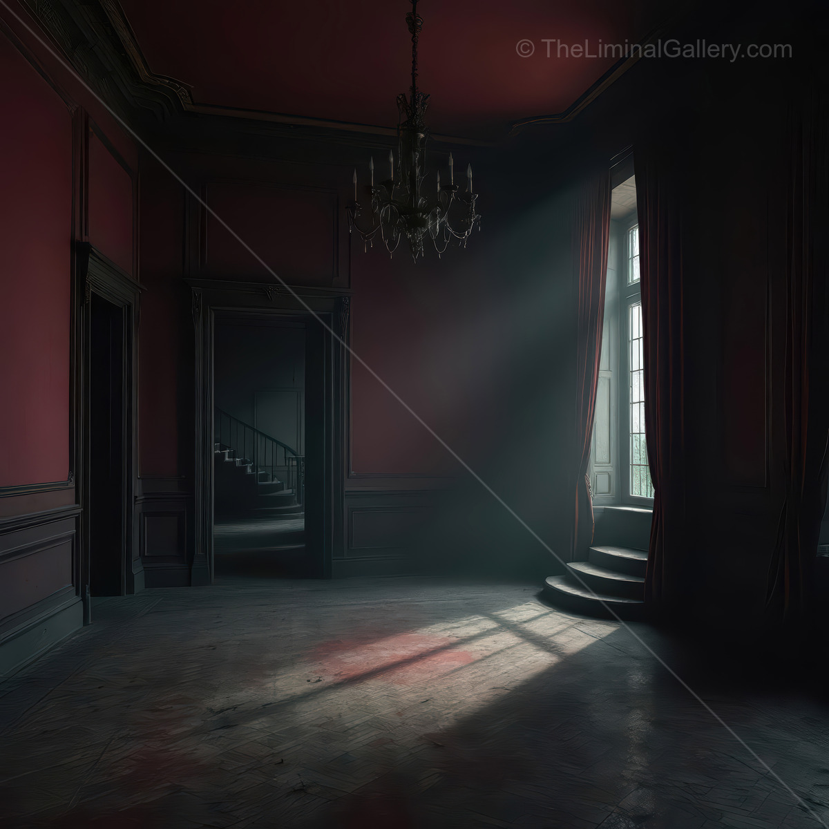 Dim room with vintage chandelier casts mysterious shadows across carved grand staircase, weaving timeless elegance with an atmosphere of intrigue