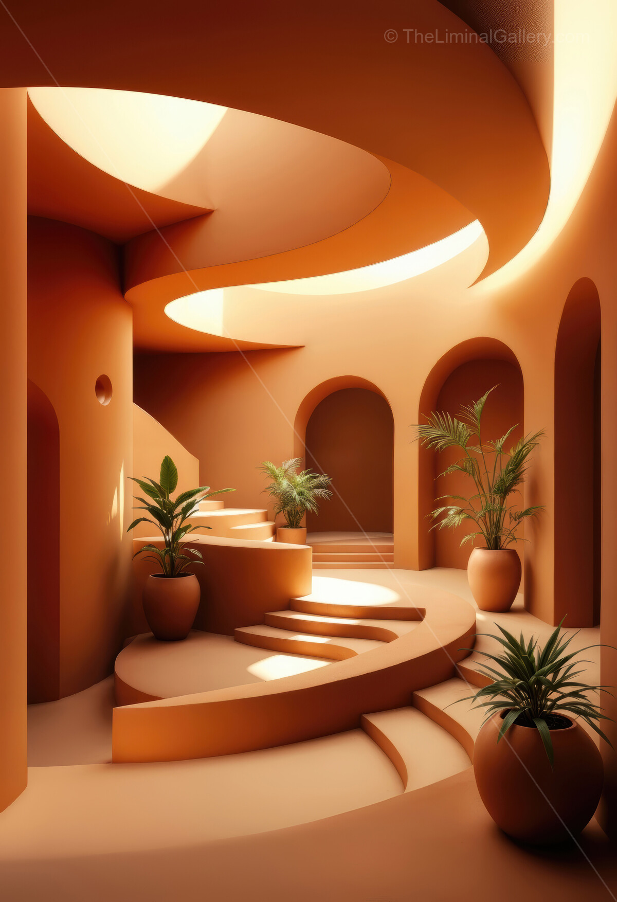 Warm earth tones, lush plants and flowing curves fill contemporary space as daylight pours in, creating harmonious interior that feels vibrant, organic and inviting