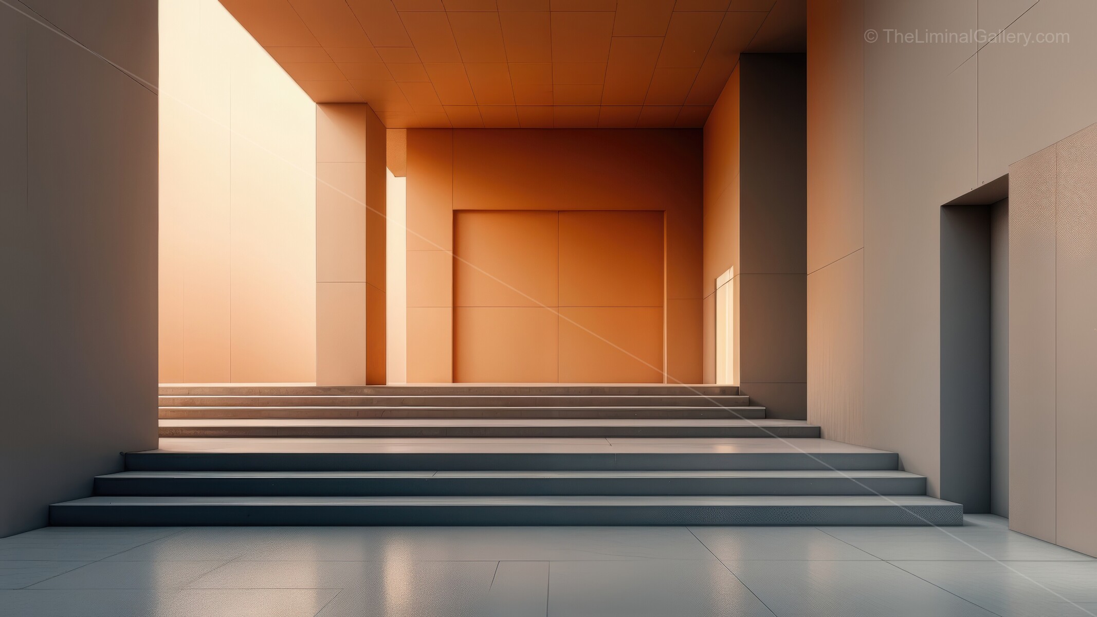Liminal interior drenched in warm light showcases elegant ascending steps; expansive design invites tranquil exploration and appreciation of refined beauty