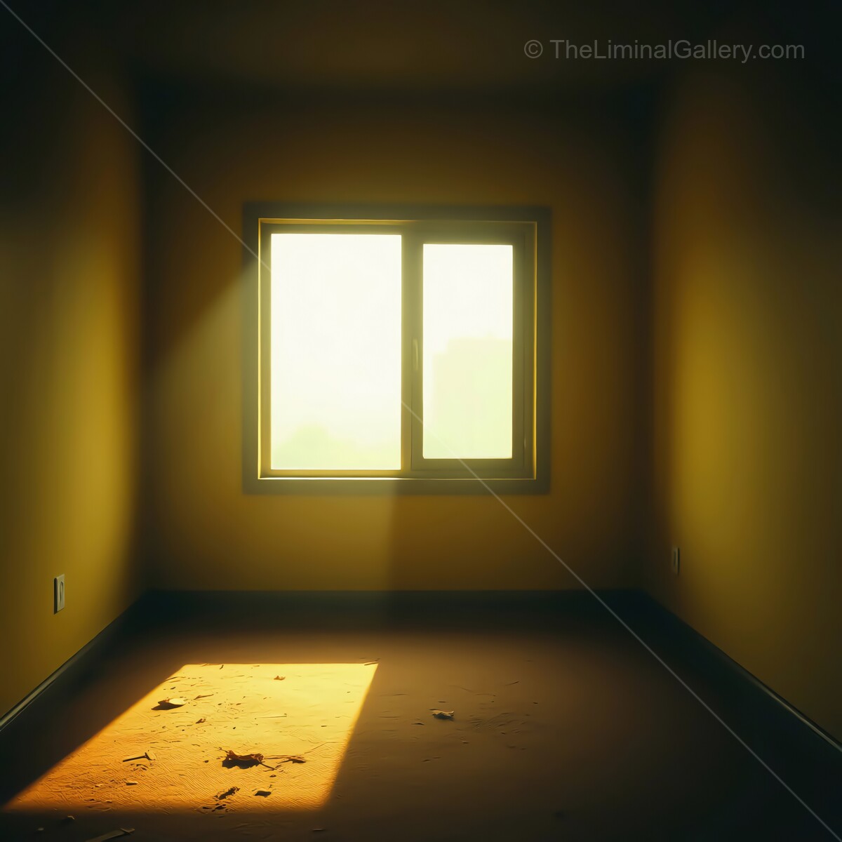 Warm light fills a quiet, liminal empty room with golden hues and a hint of nostalgia at dawn
