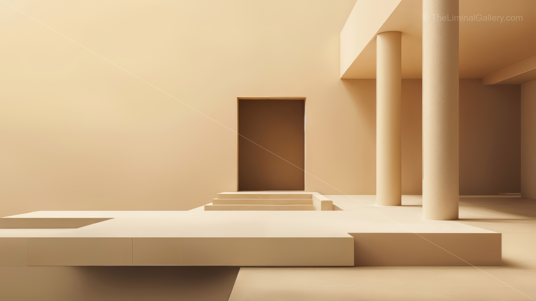 Liminal minimalist studio uses warm tones, simple forms and soothing textures to create a peaceful environment that sparks creativity and deep contemplative focus for visitors