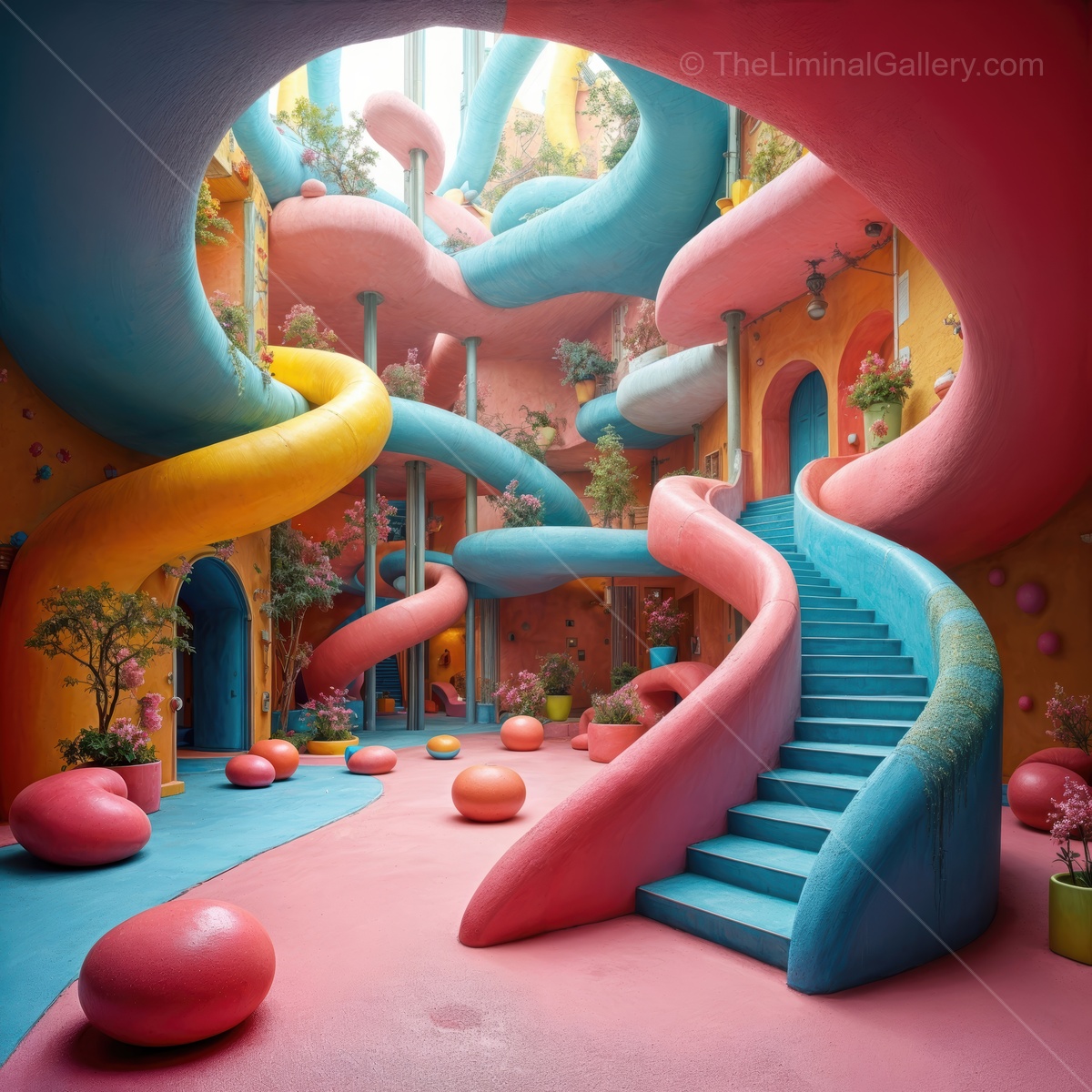 Colorful and whimsical architecture invites exploration in a surreal environment filled with curving shapes and vibrant hues, creating a dreamlike escape from reality