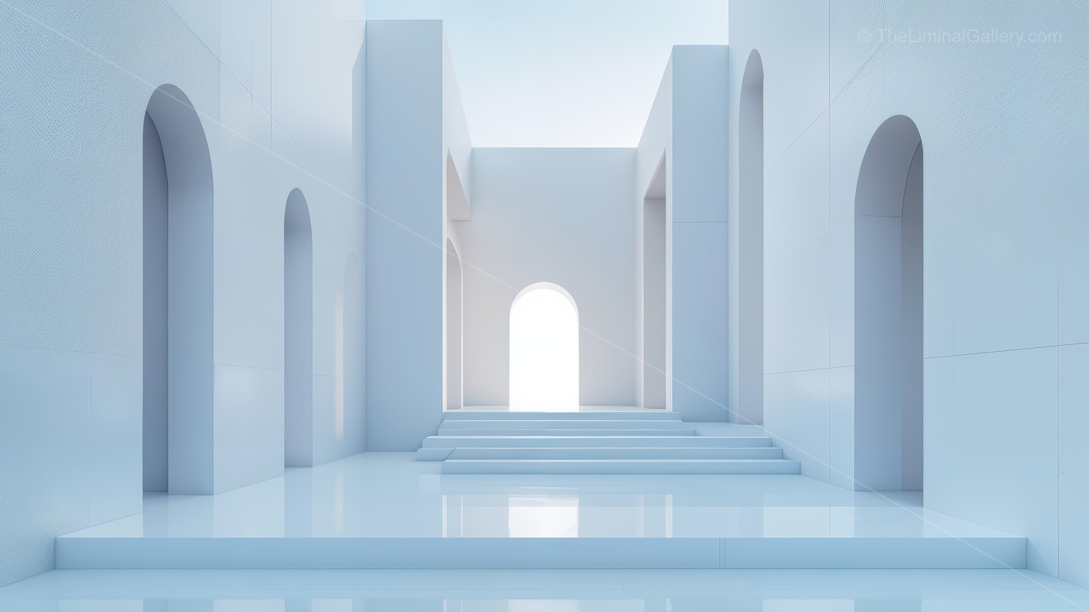 Liminal white sanctuary of grand arches and abundant natural light envelopes visitors in serenity, encouraging meditative reflection within pristine minimalist architecture