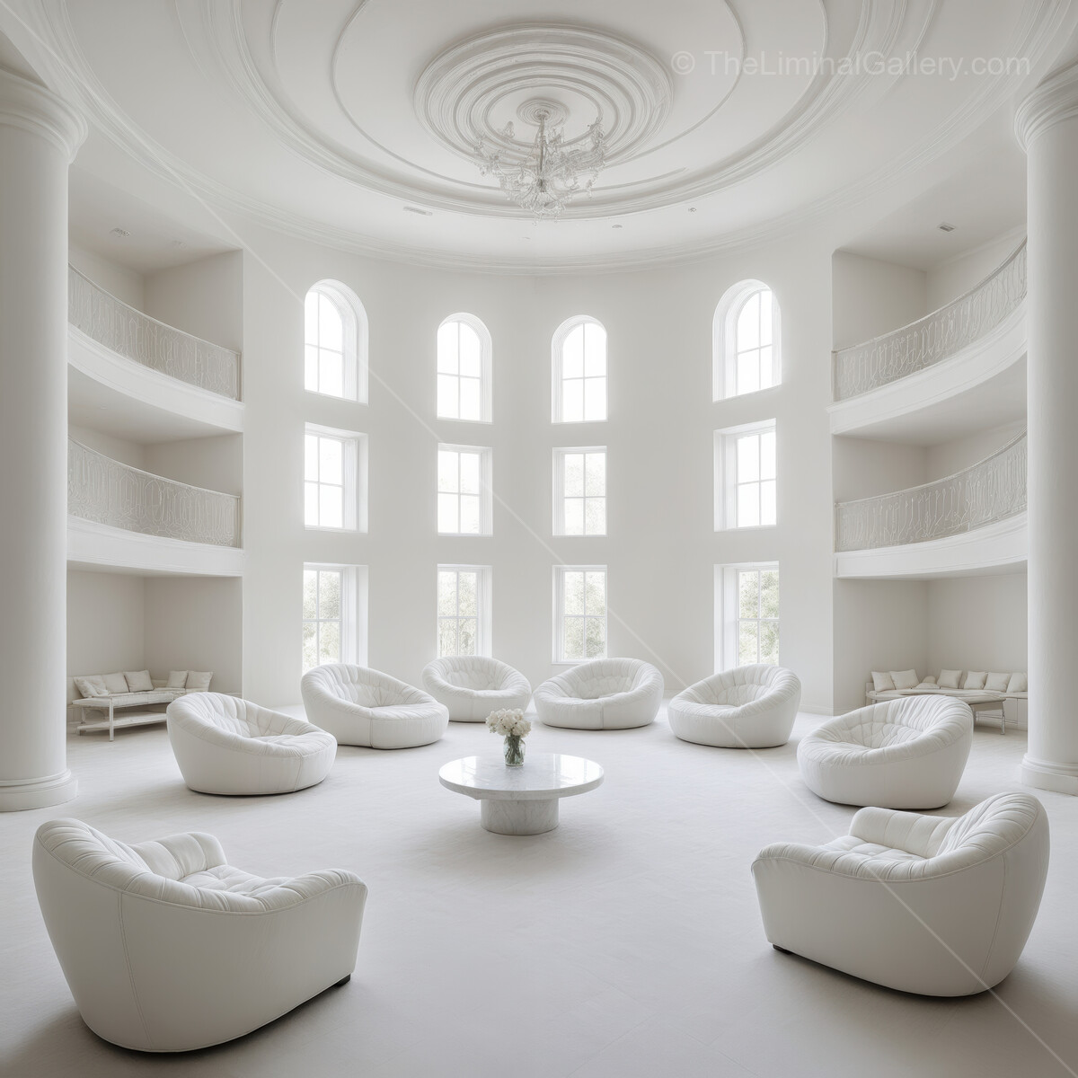A liminal white lounge, flooded with daylight, pairs minimalist elegance with gallery calm, offering a bright retreat for conversation or solitary repose