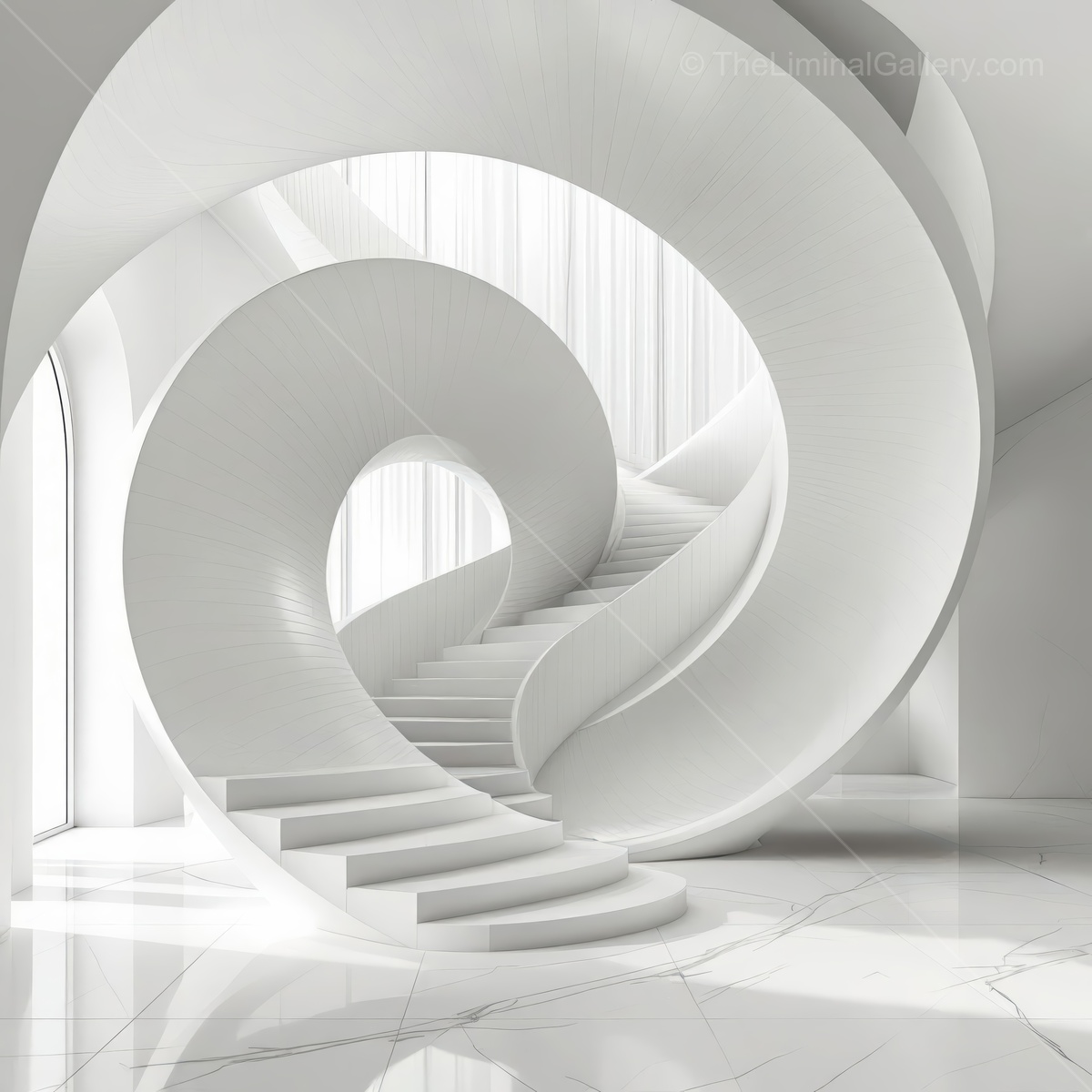 Swirling staircase in a serene white space invites contemplation and curiosity in an ethereal environment