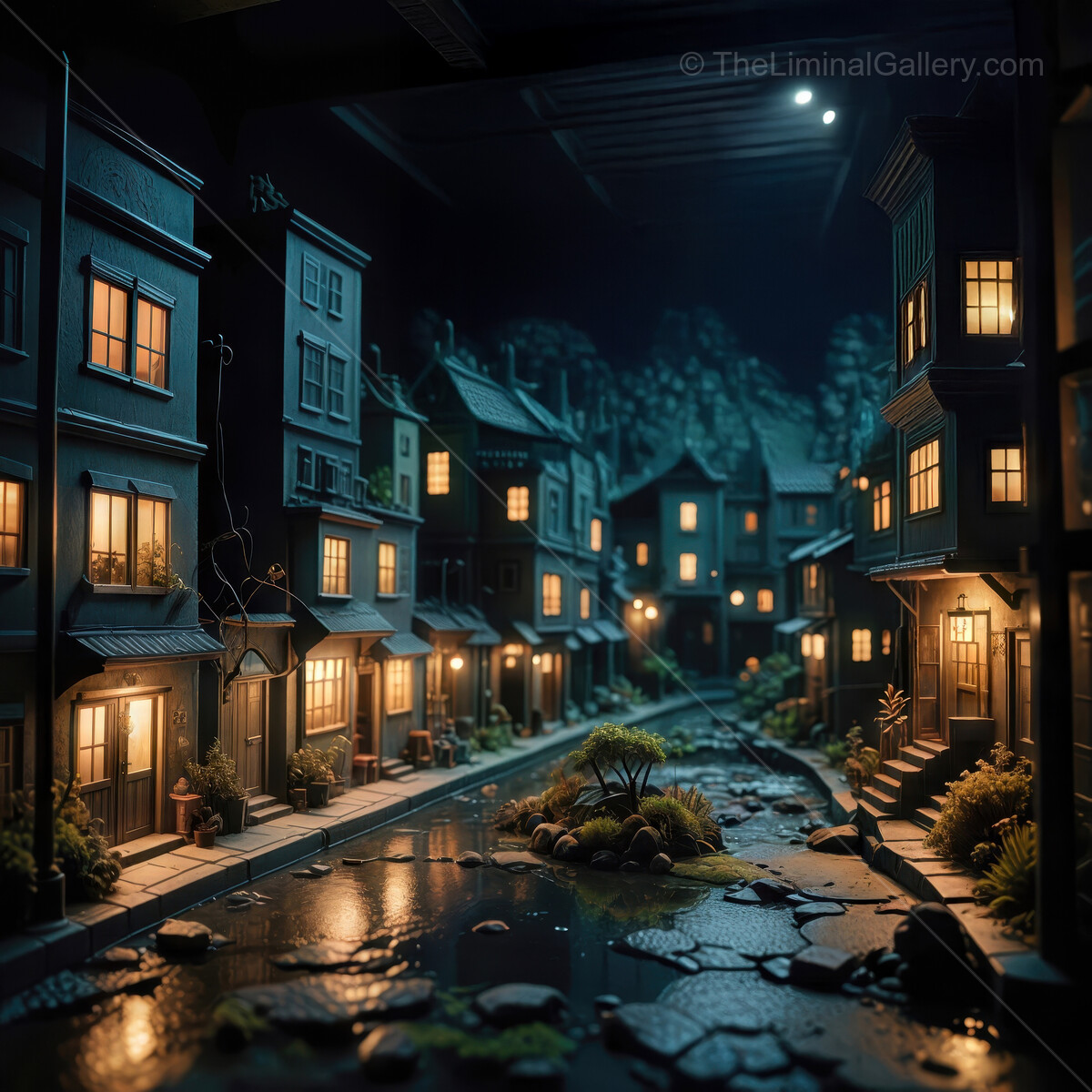 Winding lantern-lit street in a miniature village at dusk exudes charm and warmth in soft glow