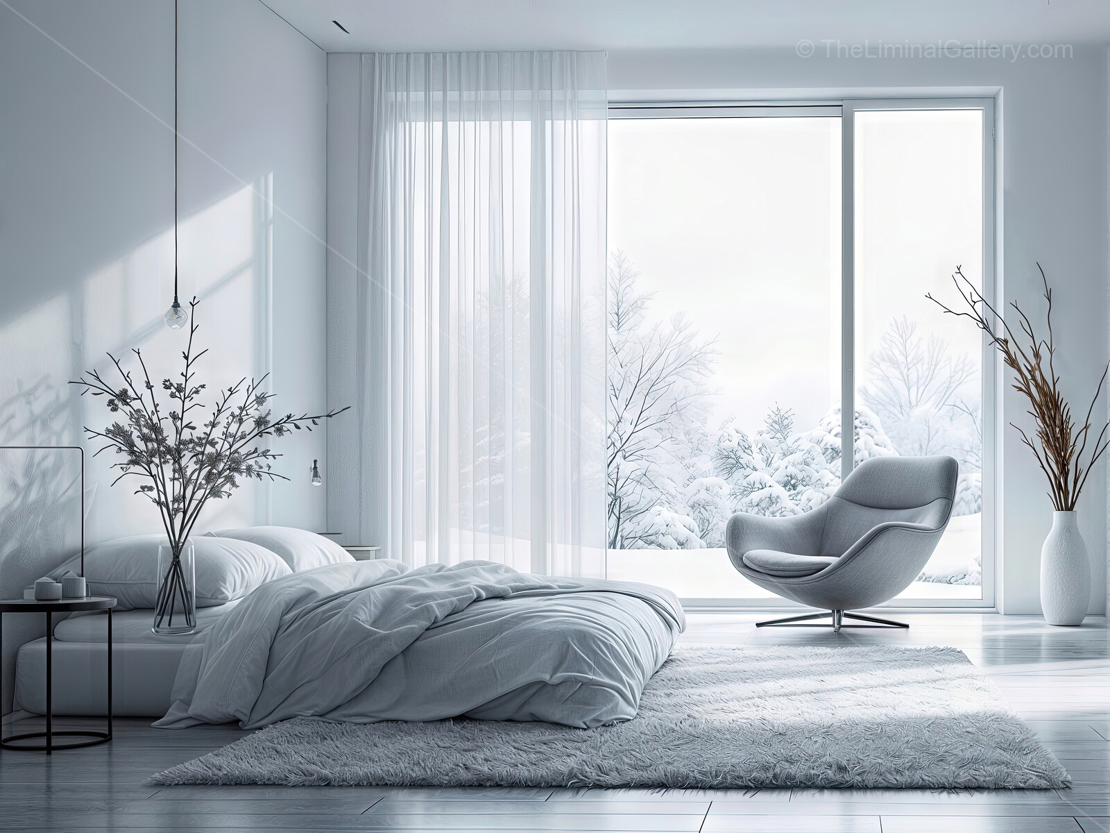 Serenity in winter wonderland captures the essence of a tranquil bedroom bathed in soft natural light, featuring a cozy atmosphere that invites relaxation and comfort